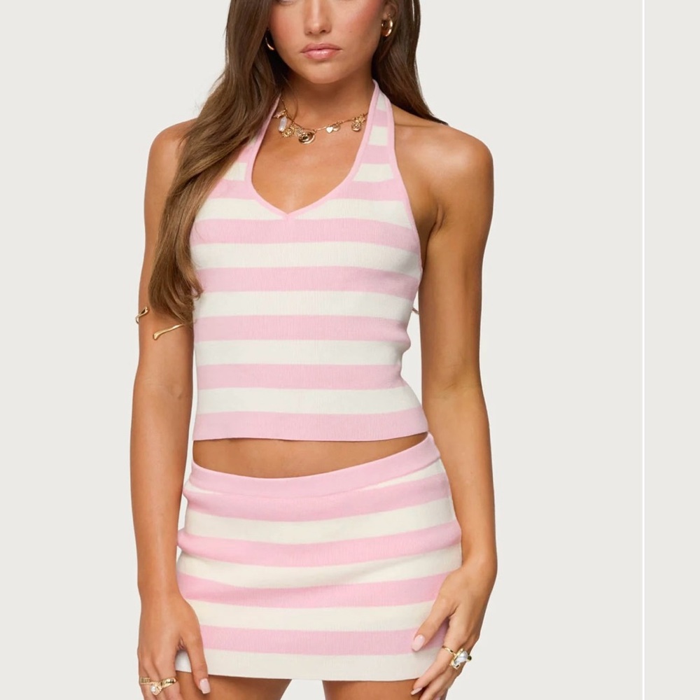Edikted Pink and White Striped Halter Top and Skort Set